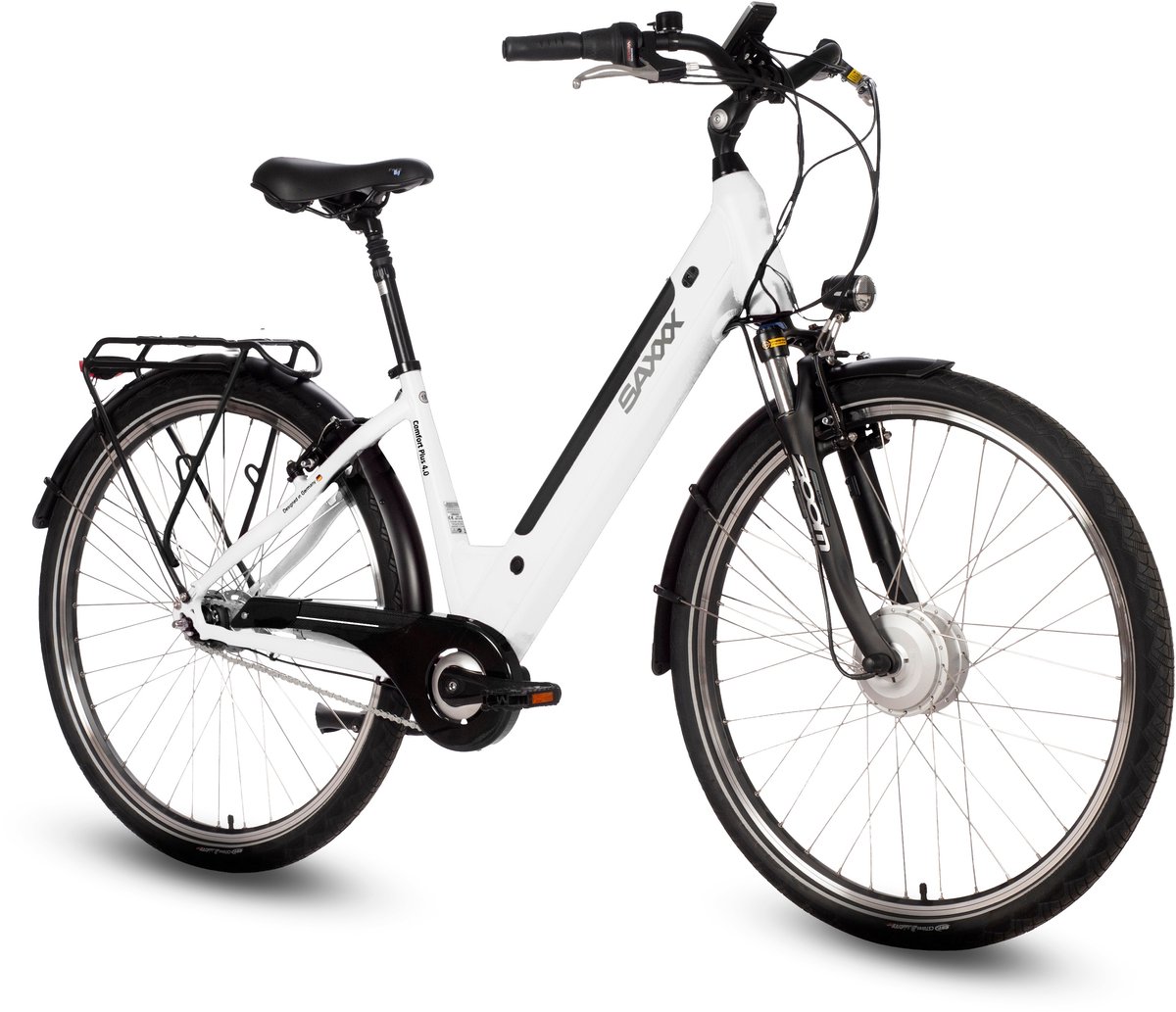 saxxx Comfort Plus 4.0 - 26 inch elektrische stadsfiets - actieradius tot 90 km - voorwielmotor - 36V 418Wh accu - Shimano 7-speed naafversnelling - LCD-display - Wit glanzend Fiets (elektrisch) kopen online