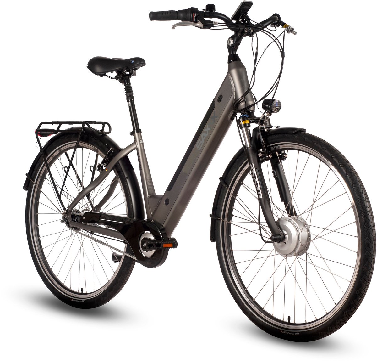 saxxx comfort plus 4 0 26 inch elektrische stadsfiets actieradius tot 90 km voorwielmotor 36v 418wh accu shimano 7 speed naafversnelling lcd display zilvergrijs mat
