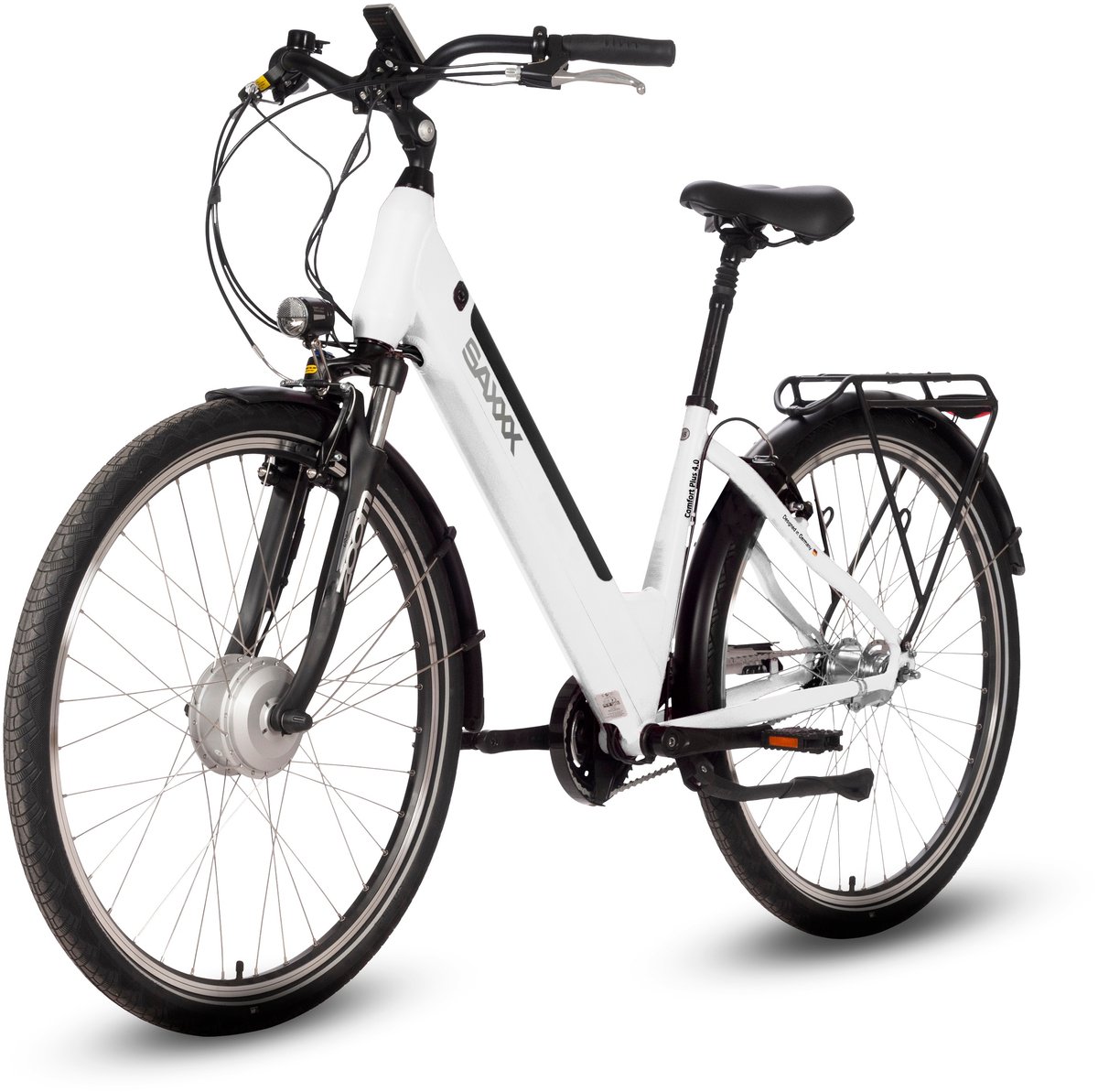 saxxx Comfort Plus 4.0 -28 inch elektrische stadsfiets - actieradius tot 90 km - voorwielmotor - 36V 418Wh accu - Shimano 7-speed naafversnelling - LCD-display - Wit glanzend Fiets (elektrisch) kopen online