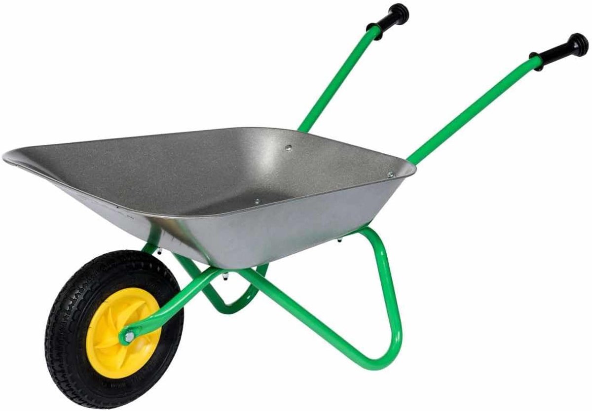 stevige kinderkruiwagen van metaal met luchtbanden groen grijs