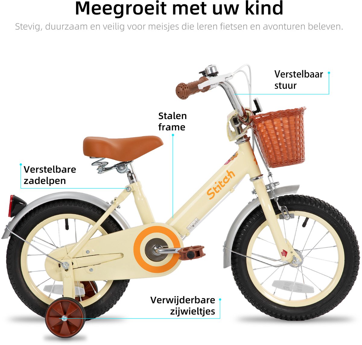 STITCH Retro meisjesfiets - 14 Inch - Geschikt voor kinderen van 3 tot 5 jaar - Met mandje en zijwieltjes - Beige Kinderfiets kopen online