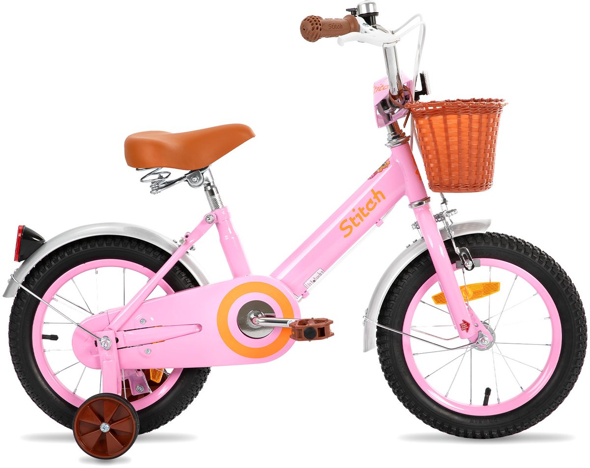STITCH Retro meisjesfiets - 14 Inch - Geschikt voor kinderen van 3 tot 5 jaar - Met mandje en zijwieltjes - Roze Kinderfiets kopen online