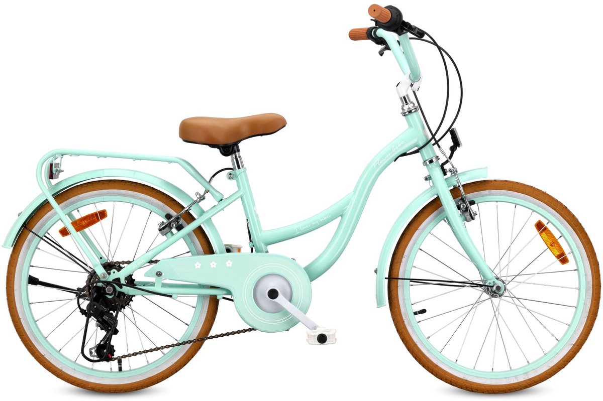 SUN BABY FLOWER BIKE RETRO Kinderfiets 20 inch, Fiets voor een meisje 20" - 6 versnellingen, stalen frame, V-brakes, spatborden, kettingkast, verlichting, bel, verstelbaar - Mint Kinderfiets kopen online