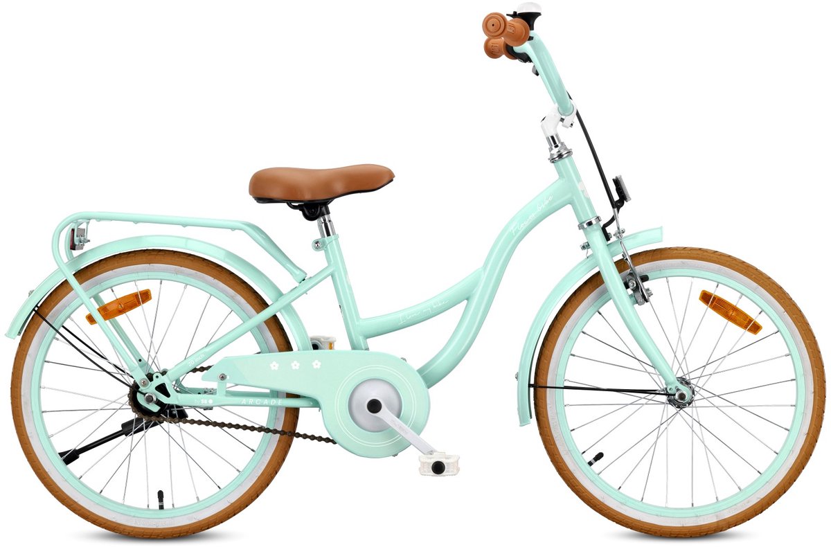 SUN BABY FLOWER BIKE RETRO Kinderfiets 20 inch, Fiets voor een meisje 20" - stalen frame, V-brakes, spatborden, kettingkast, verlichting, bel, verstelbaar - Mint Kinderfiets kopen online