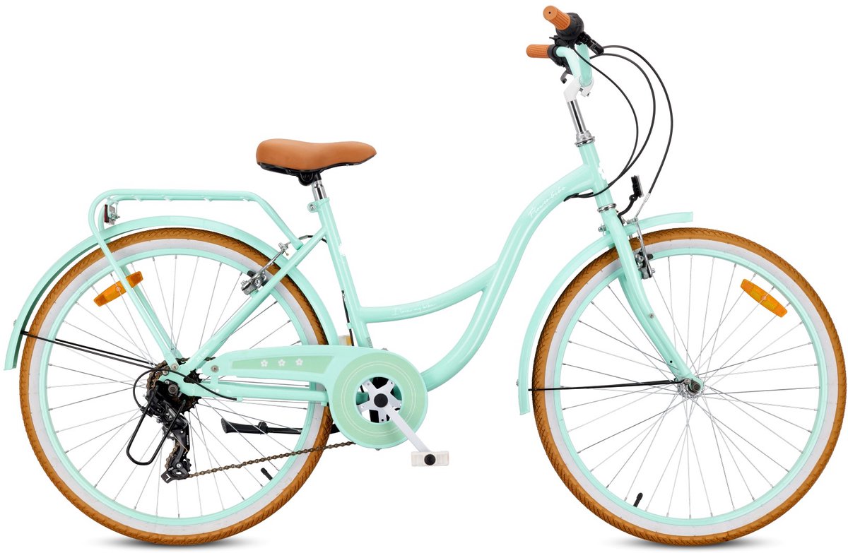 sun baby flower bike retro stadsfiets dames 26 fiets voor vrouwen damen meisjes fiets 26 inch 7 versnellingen v brakes stalen frame bagagedrager spatborden mint