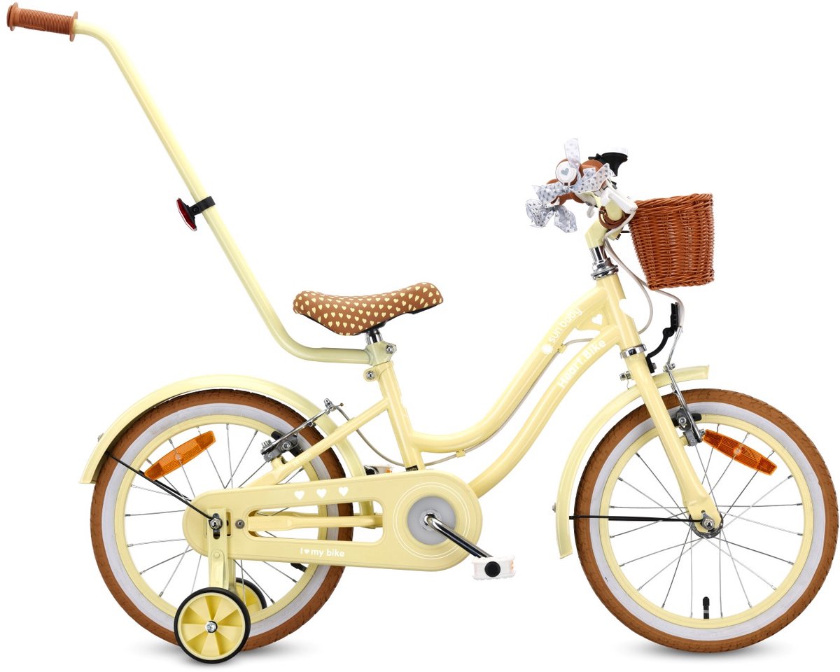 sun baby heart bike fiets voor een meisje van 2 tot 6 jaar 12 14 16 inch met fietsbel zijwieltjes duwstang en stuurmandje butter yellow 16 inch