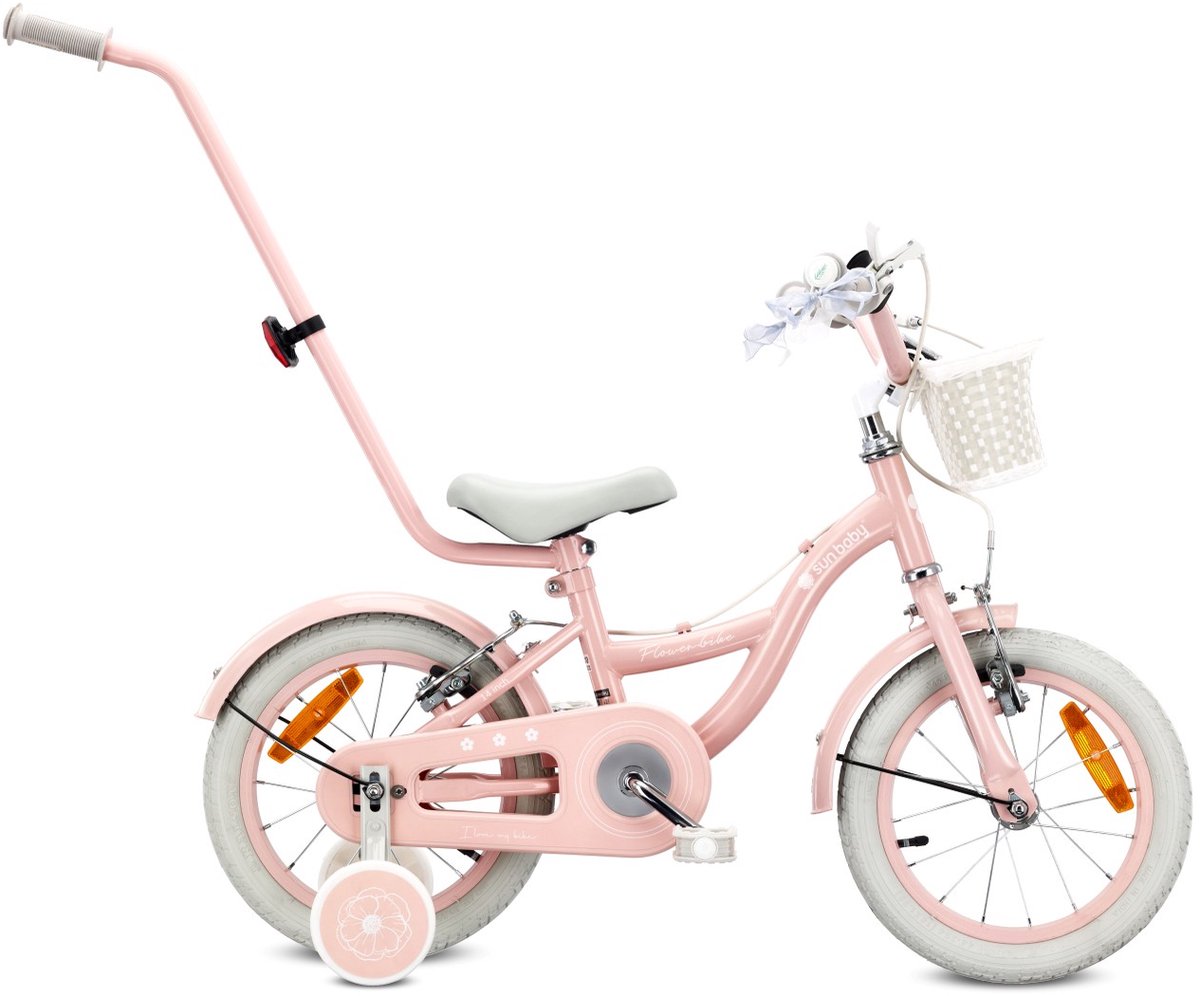 Sun Baby Kinderfiets 14 Inch FLOWER BIKE Retro, Fiets voor Meisje 3-5 Jaar, Max 50 kg - V-brakes, zijwielen, bel, reflectoren, stalen frame, verstelbaar - Roze Kinderfiets kopen online
