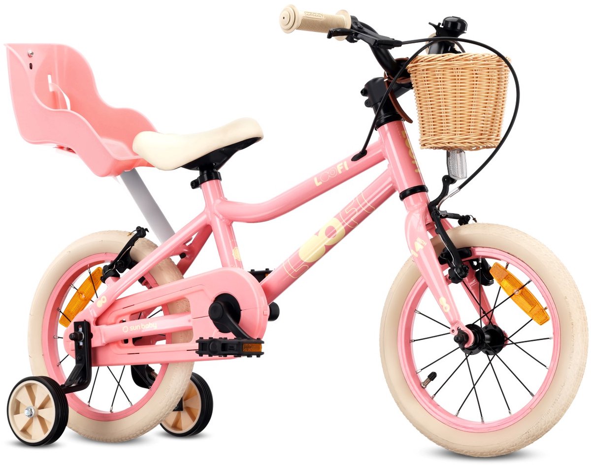 Sun Baby Kinderfiets 14 Inch LOOFI, Fiets voor Meisje 3-5 Jaar, lichtgewicht 6.6 kg, aluminium frame, met poppenzitje, zijwieltjes, mandje, bel, stickers - Roze Kinderfiets kopen online