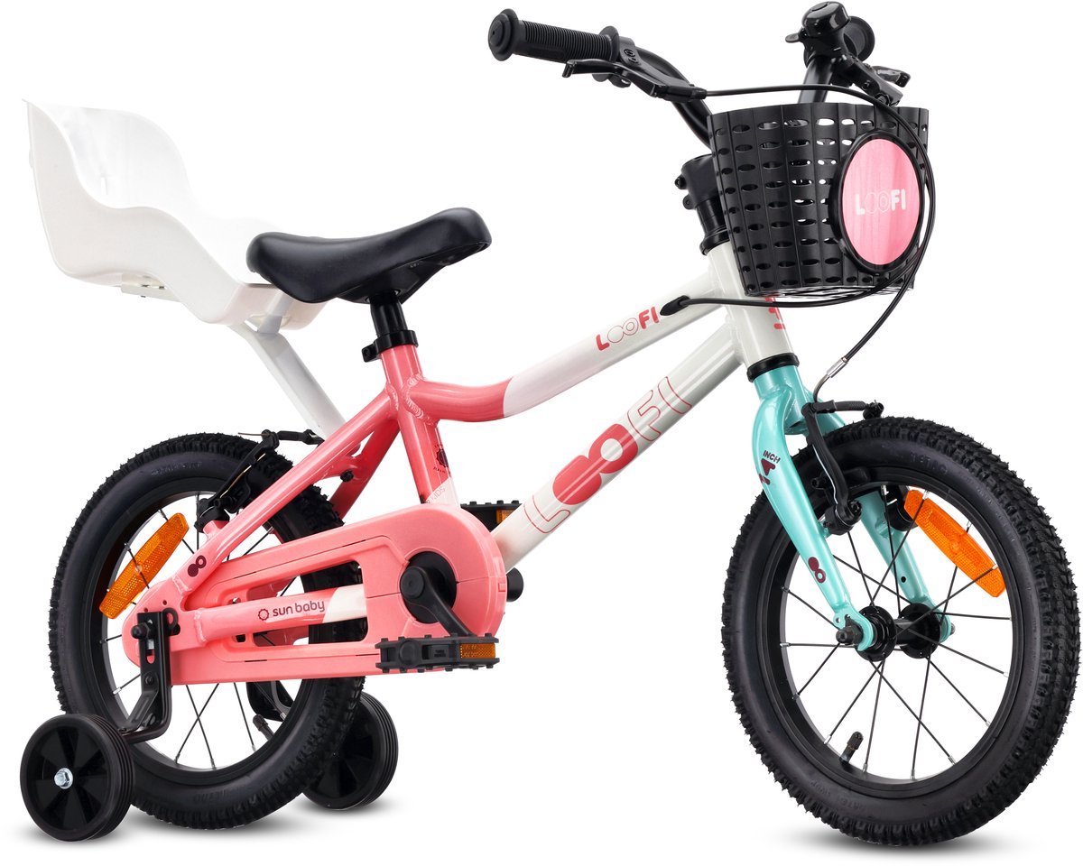 sun baby kinderfiets 14 inch loofi fiets voor meisje 3 5 jaar lichtgewicht 6 6 kg aluminium frame met poppenzitje zijwieltjes mandje bel stickers wit roze mint