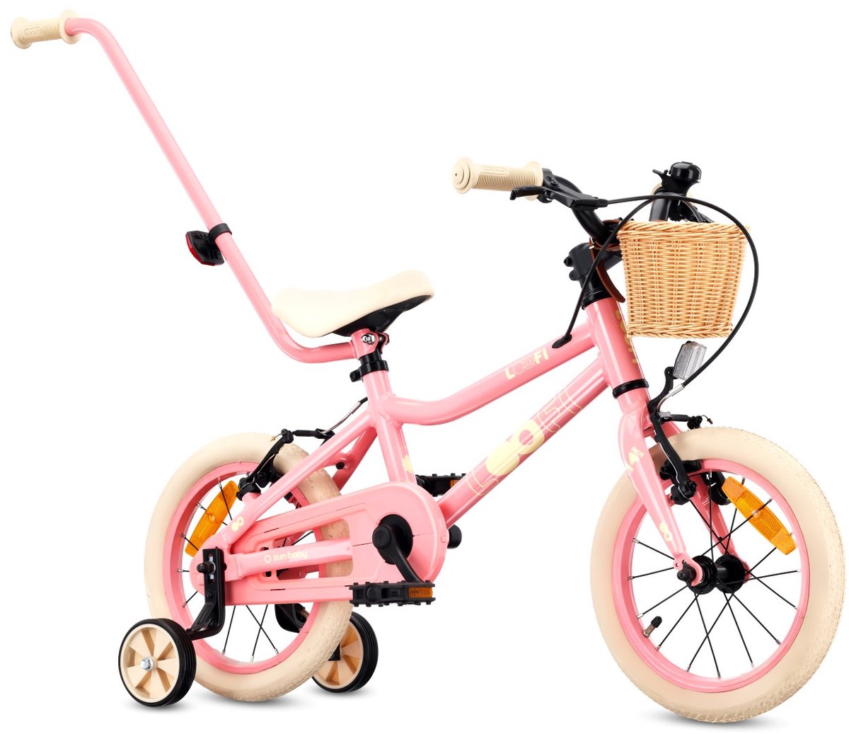 Sun Baby Kinderfiets 14 Inch LOOFI, Fiets voor Meisje 3-5 Jaar, lichtgewicht 6.6 kg, aluminium frame, met zijwieltjes, mandje, bel, stickers - Roze Kinderfiets kopen online