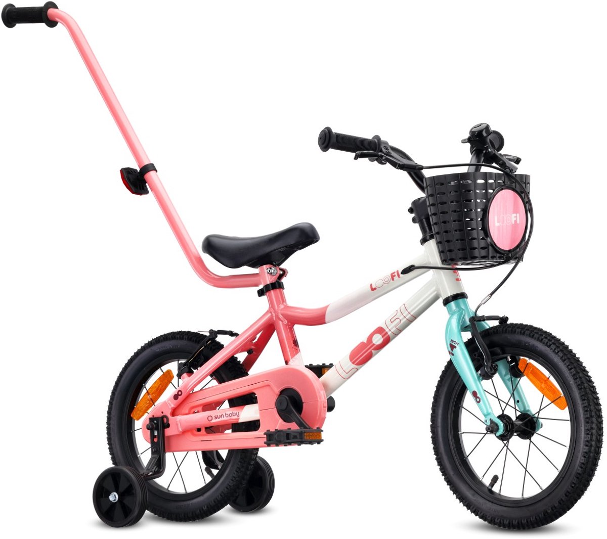 Sun Baby Kinderfiets 14 Inch LOOFI, Fiets voor Meisje 3-5 Jaar, lichtgewicht 6.6 kg aluminium frame, met zijwieltjes, mandje, bel, stickers - Wit-Roze-Mint Kinderfiets kopen online
