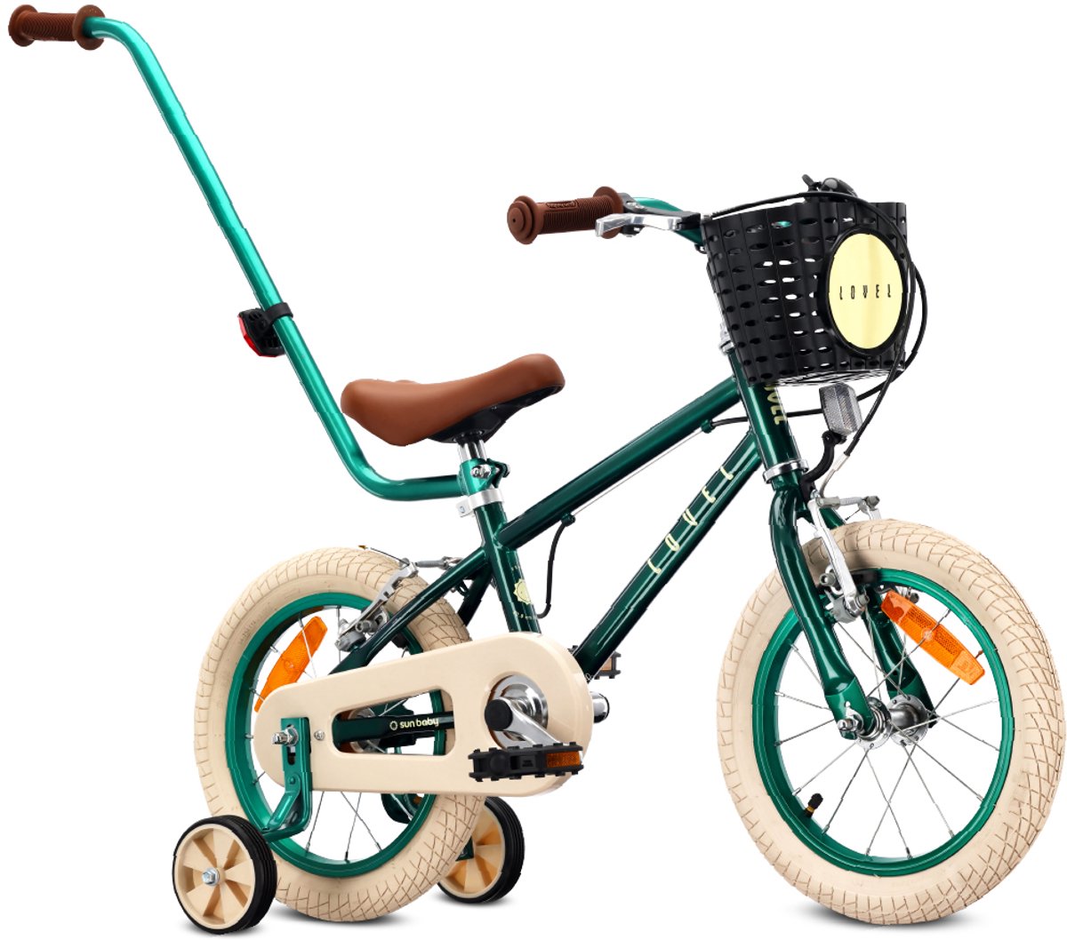 sun baby kinderfiets 14 inch lovel fiets voor jongen 3 5 jaar max 50 kg zijwieltjes mandje bel kettingkast duwstang donkergroen