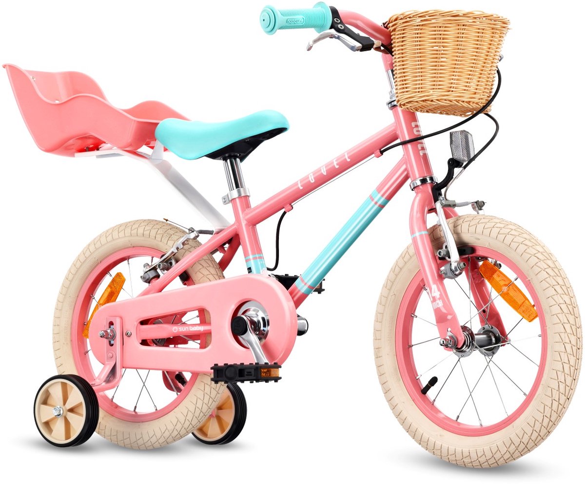Sun Baby Kinderfiets 14 Inch LOVEL Fiets voor Meisje 3-5 Jaar, Max 50 kg - poppenstoeltje, zijwieltjes, mandje, bel, kettingkast - Roze-Muntgroen Kinderfiets kopen online