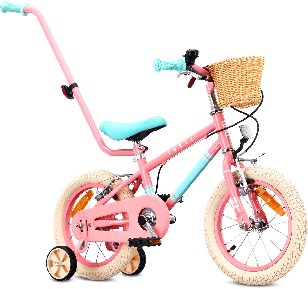 sun baby kinderfiets 14 inch lovel fiets voor meisje 3 5 jaar max 50 kg zijwieltjes mandje bel kettingkast duwstang roze muntgroen