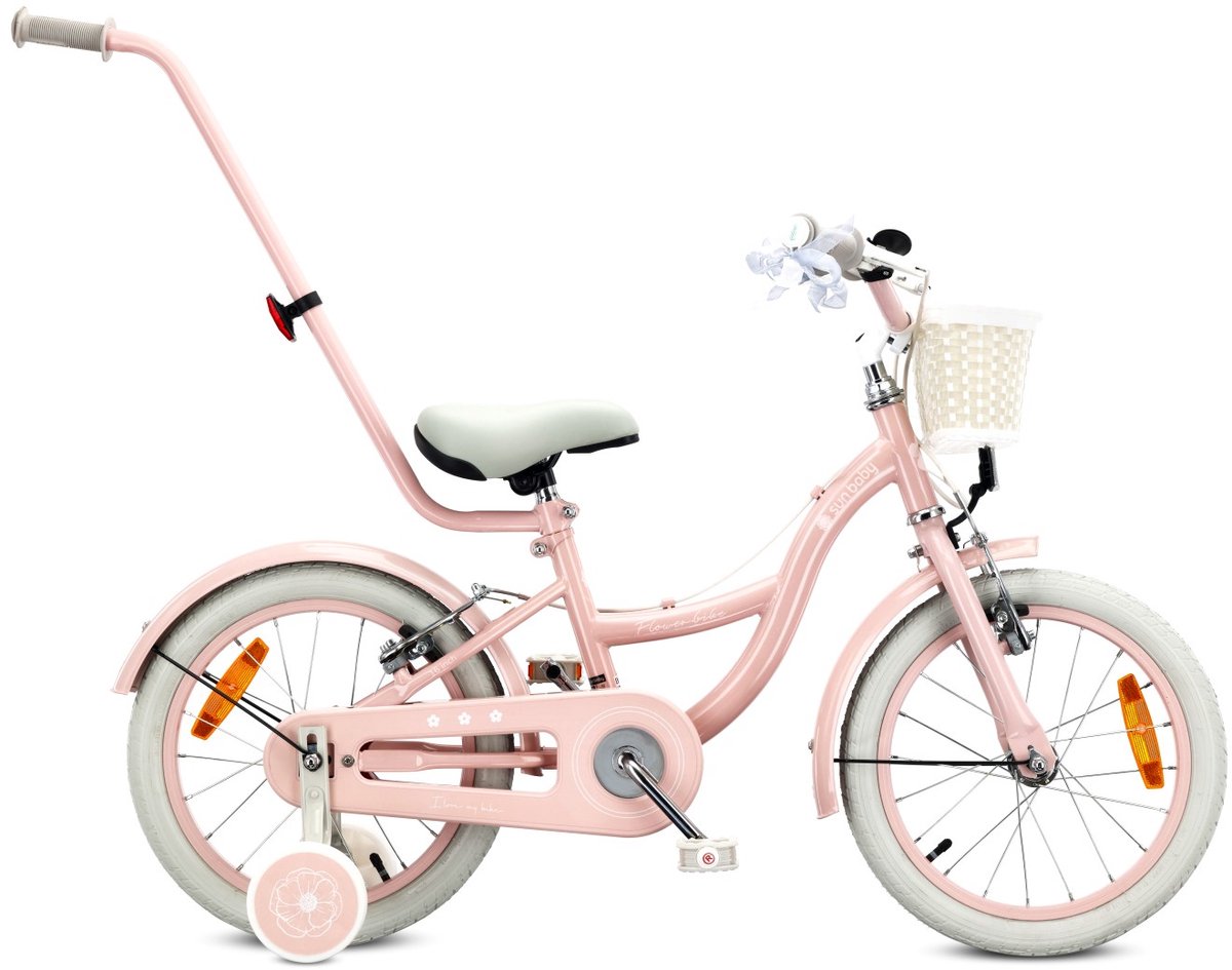 sun baby kinderfiets 16 inch flower bike retro fiets voor meisje 4 6 jaar max 50 kg v brakes zijwielen bel reflectoren stalen frame verstelbaar roze