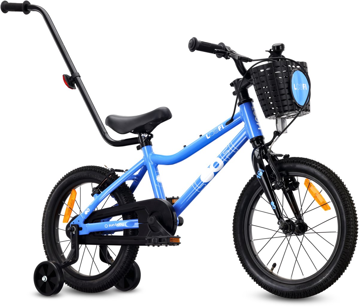 Sun Baby Kinderfiets 16 Inch LOOFI, Fiets voor Jongen 4-6 Jaar, licht 6.9 kg aluminium frame, met zijwieltjes, mandje, bel, stickers - Blauw Kinderfiets kopen online
