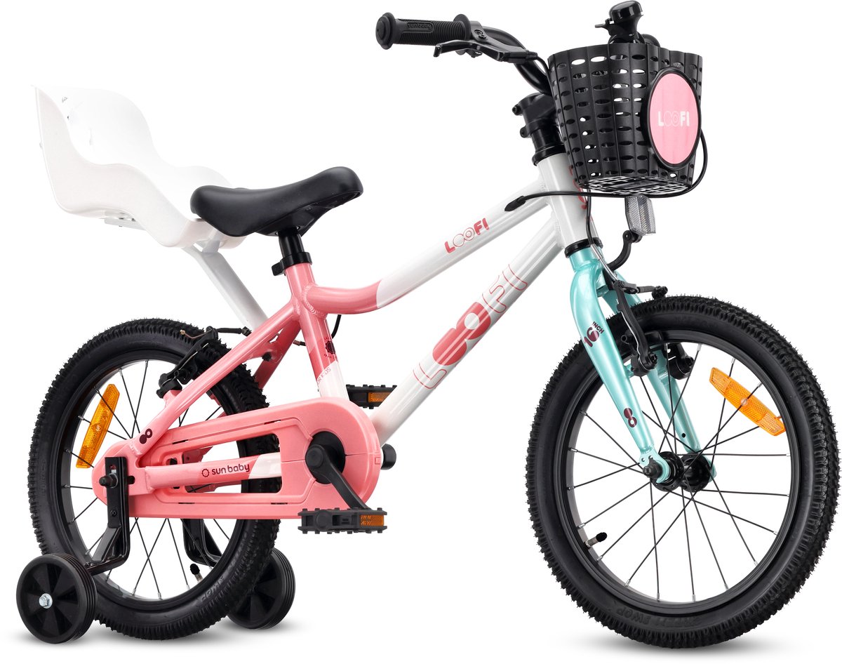 Sun Baby Kinderfiets 16 Inch LOOFI, Fiets voor Meisje 4-6 Jaar, lichtgewicht 6.9 kg aluminium frame, met poppenzitje, zijwieltjes, mandje, bel, stickers - Wit-Roze-Mint Kinderfiets kopen online