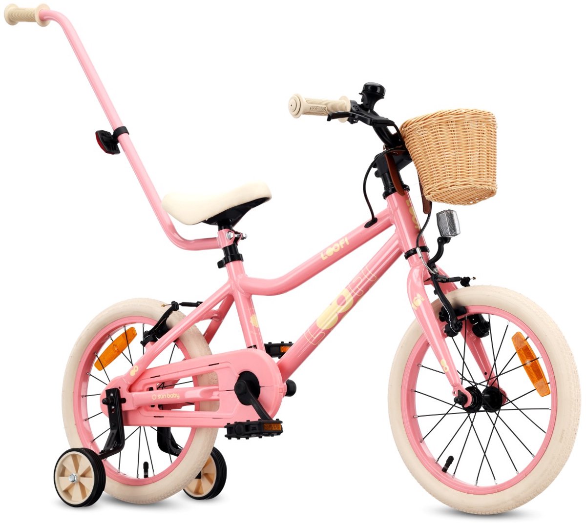 Sun Baby Kinderfiets 16 Inch LOOFI, Fiets voor Meisje 4-6 Jaar, lichtgewicht 6.9 kg aluminium frame, met zijwieltjes, mandje, bel, stickers - Roze Kinderfiets kopen online