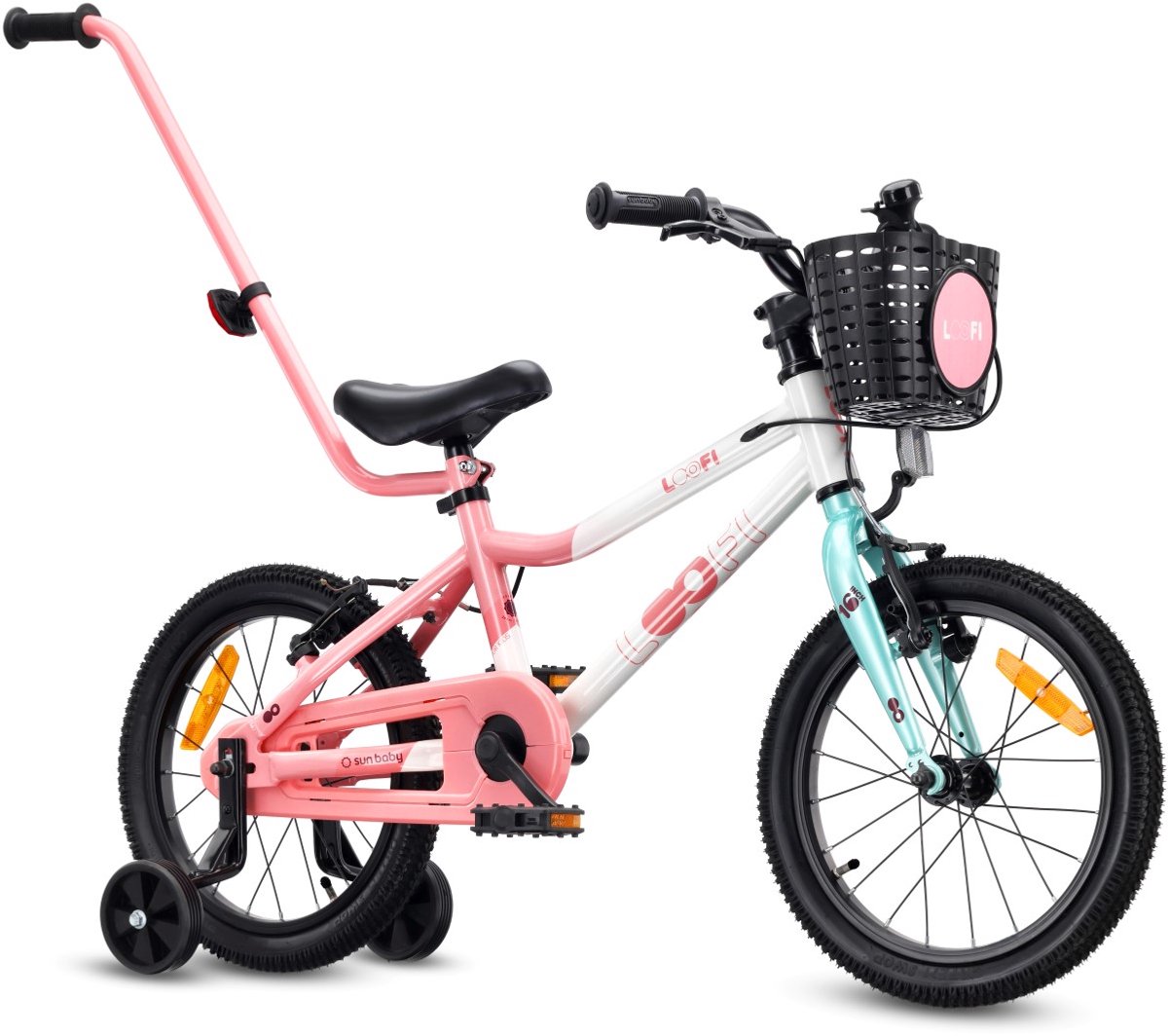 Sun Baby Kinderfiets 16 Inch LOOFI, Fiets voor Meisje 4-6 Jaar, lichtgewicht 6.9 kg aluminium frame, met zijwieltjes, mandje, bel, stickers - Wit-Roze-Mint Kinderfiets kopen online