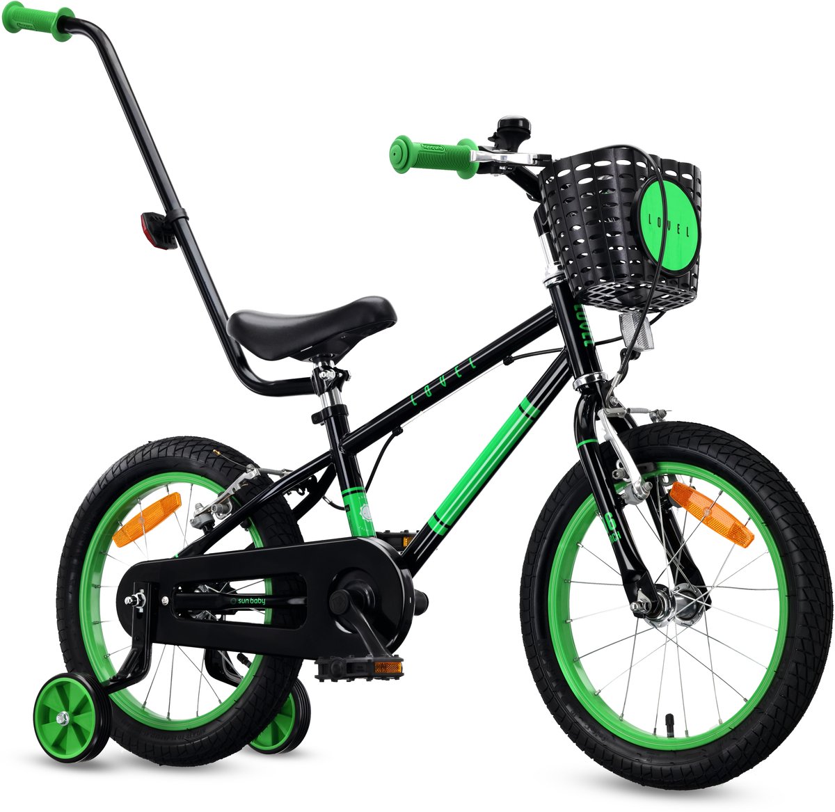 sun baby kinderfiets 16 inch lovel fiets voor jongen 4 6 jaar max 50 kg zijwieltjes mandje bel kettingkast duwstang zwart groen