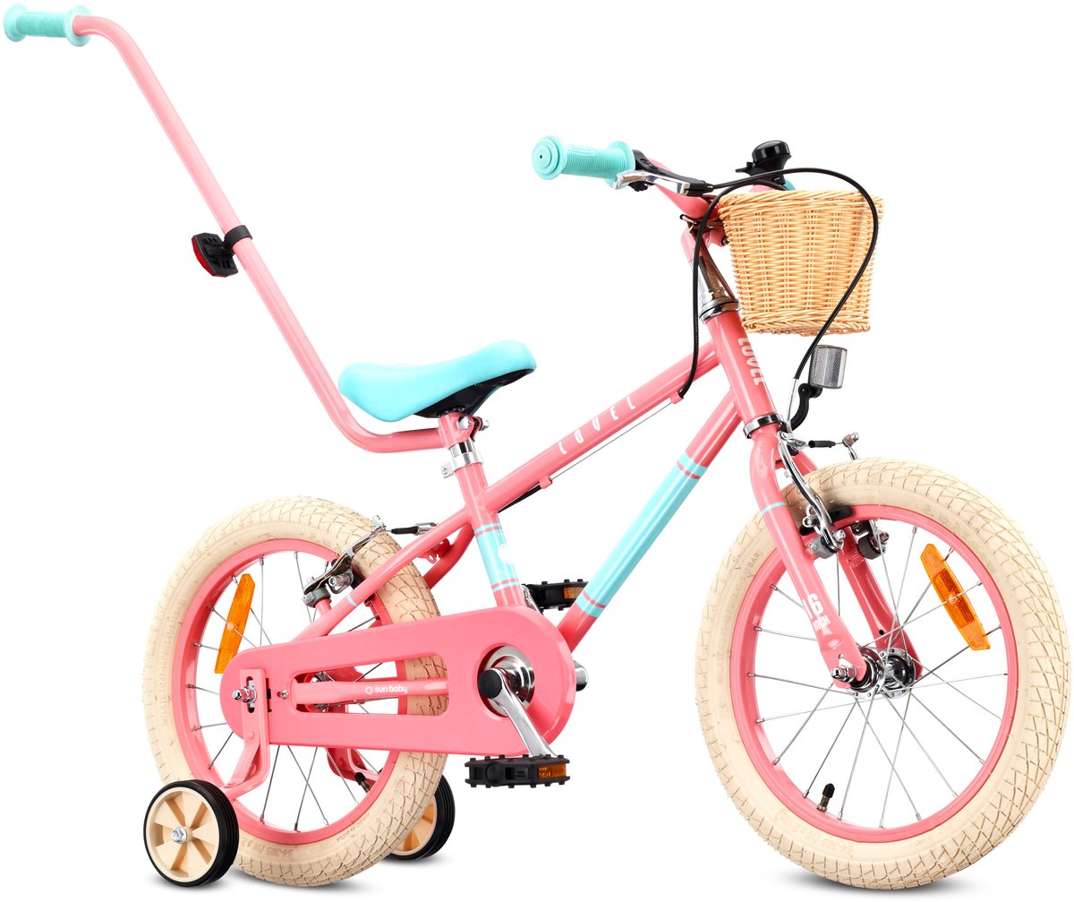 Sun Baby Kinderfiets 16 Inch LOVEL Fiets voor Meisje 4-6 Jaar, Max 50 kg - zijwieltjes, mandje, bel, kettingkast, duwstang - Roze-Muntgroen Kinderfiets kopen online