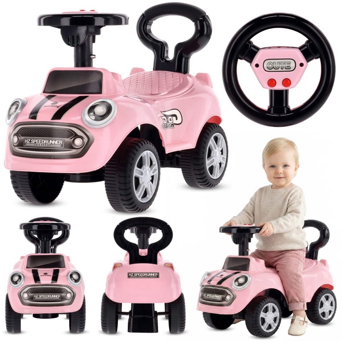 sun baby loopauto vanaf 1 jaar auto voor babys indoor kinderauto met geluiden grote kunststof wielen kantelbeveiliging beperkt draaivermogen roze