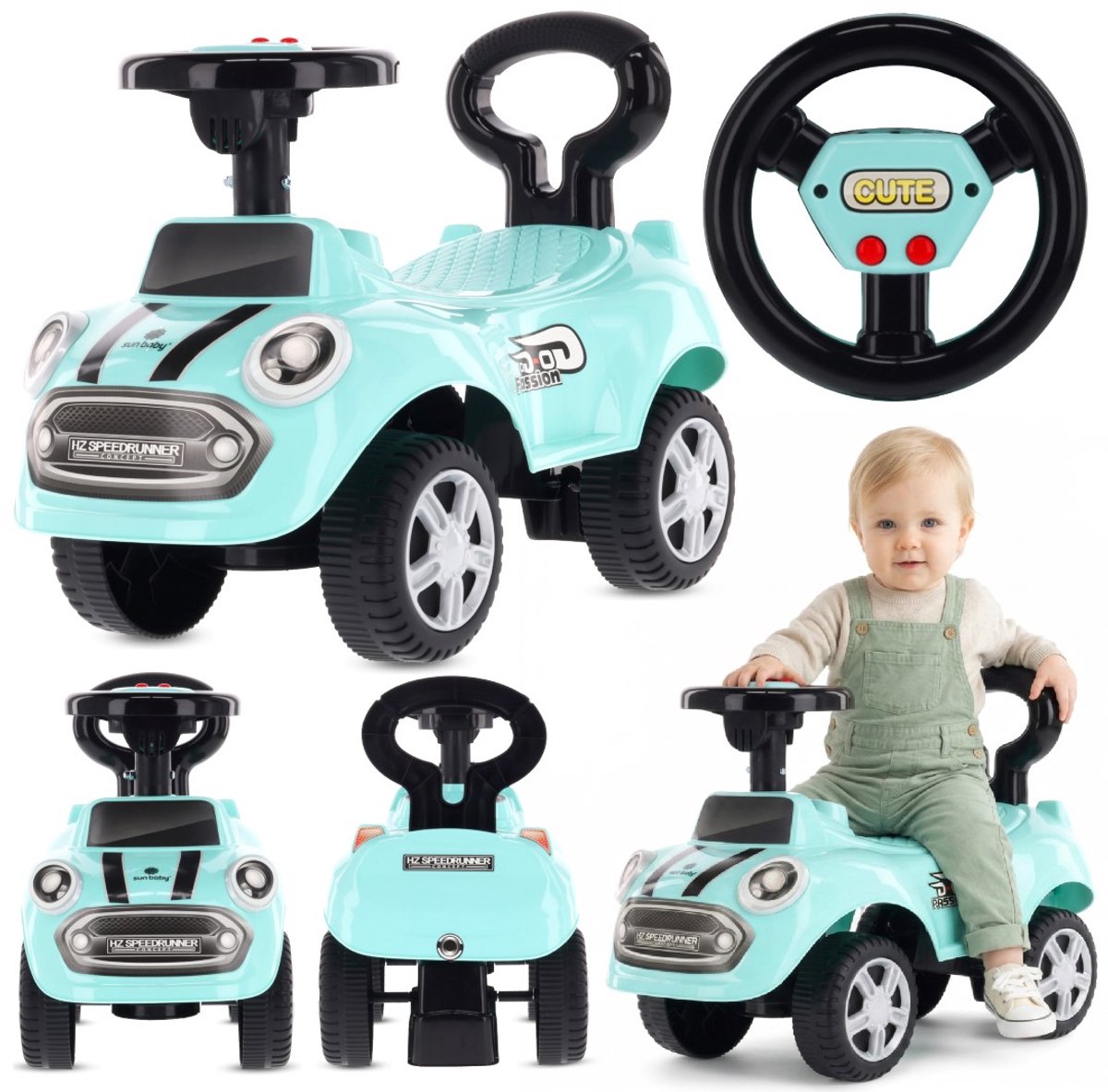 sun baby loopauto vanaf 1 jaar auto voor babys indoor kinderauto met geluiden grote kunststof wielen kantelbeveiliging beperkt draaivermogen salie