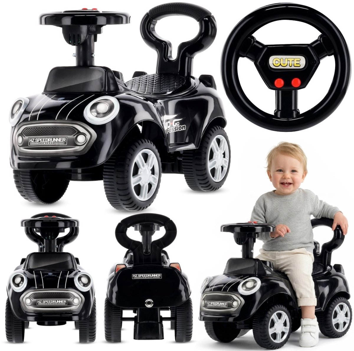 sun baby Loopauto vanaf 1 jaar, auto voor babys, indoor kinderauto met geluiden, grote kunststof wielen, Kantelbeveiliging, beperkt draaivermogen - Zwart Loopauto kopen online