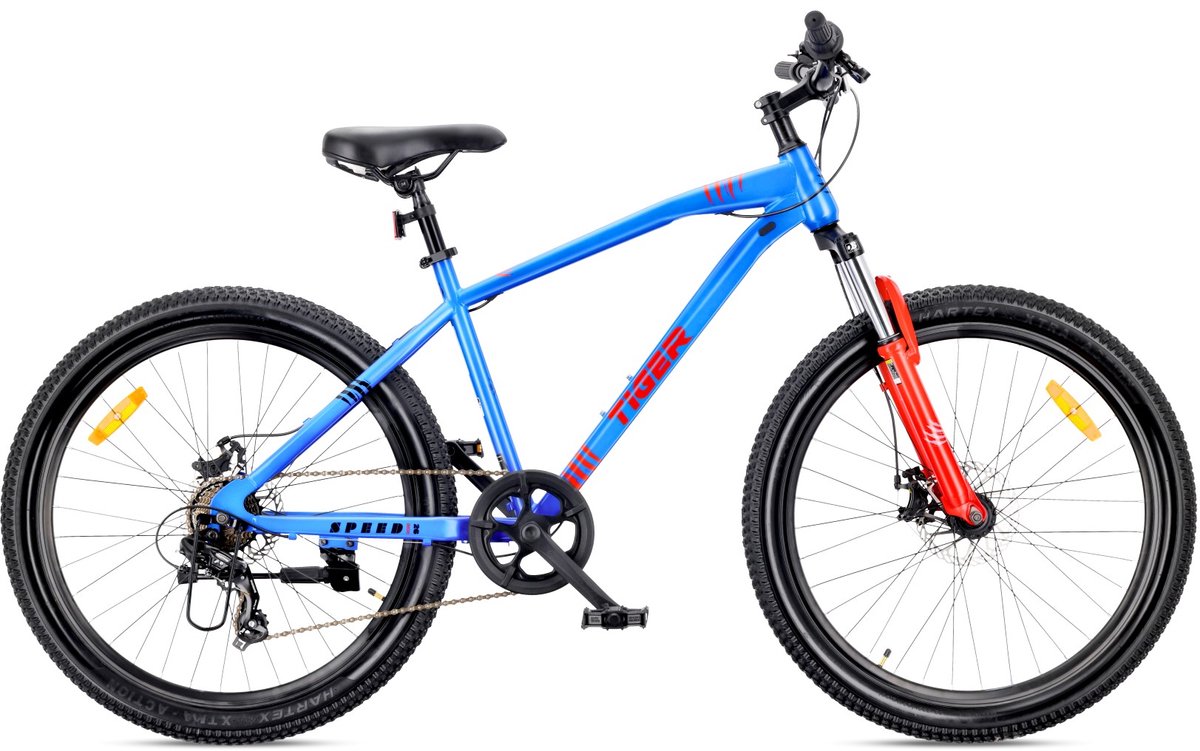 SUN BABY TIGER BIKE Mountainbike 26", MTB-fiets voor jongens en mannen, jeugd fiets 26 inch - stalen frame, 7 versnellingen, schijfremmen, vering - Blauw-Oranje Fiets kopen online