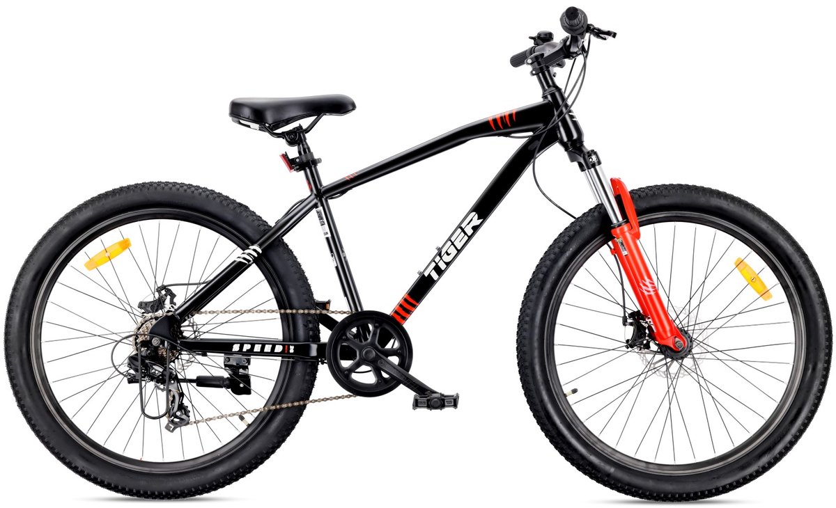 SUN BABY TIGER BIKE Mountainbike 26", MTB-fiets voor jongens en mannen, jeugd fiets 26 inch - stalen frame, 7 versnellingen, schijfremmen, vering - Zwart-Rood Fiets kopen online