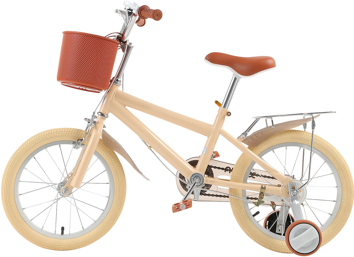Supvox 16 Inch Vintage Kinderfiets Beige – Met Zijwieltjes, Mandje, Terugtraprem & Handrem – Verstelbaar Zadel (58-68 cm) Kinderfiets kopen online