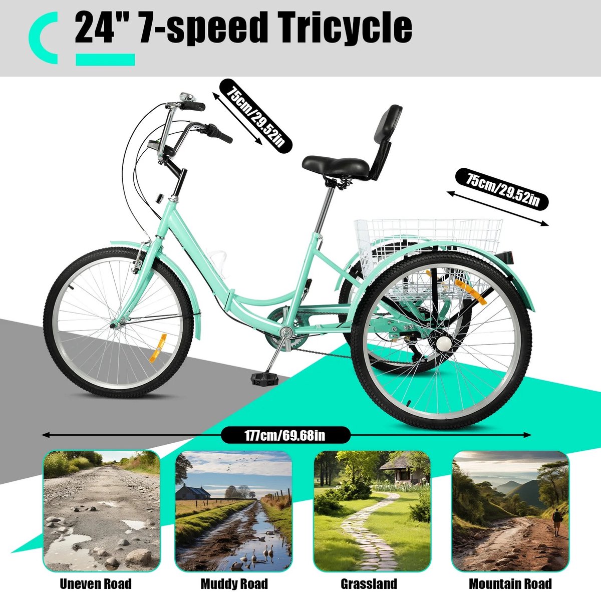trendique driewieler voor volwassenen opvouwbare tricycle 24 inch driewielfiets met 7 versnellingen en boodschappenmand groen