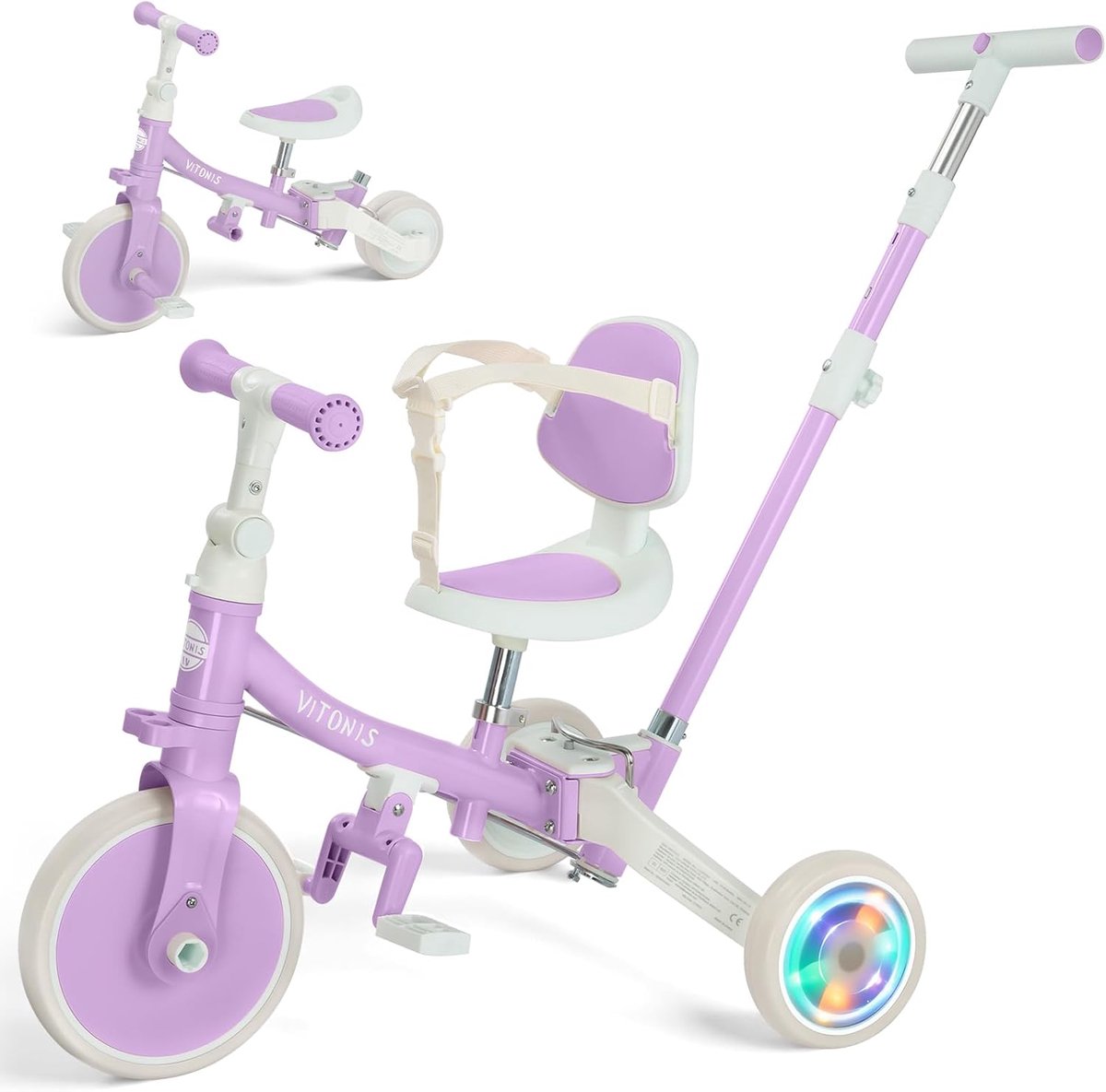 veilig 5 in 1 loopfiets met duwstang en knipperende wielen voor kinderen 18m 5jr