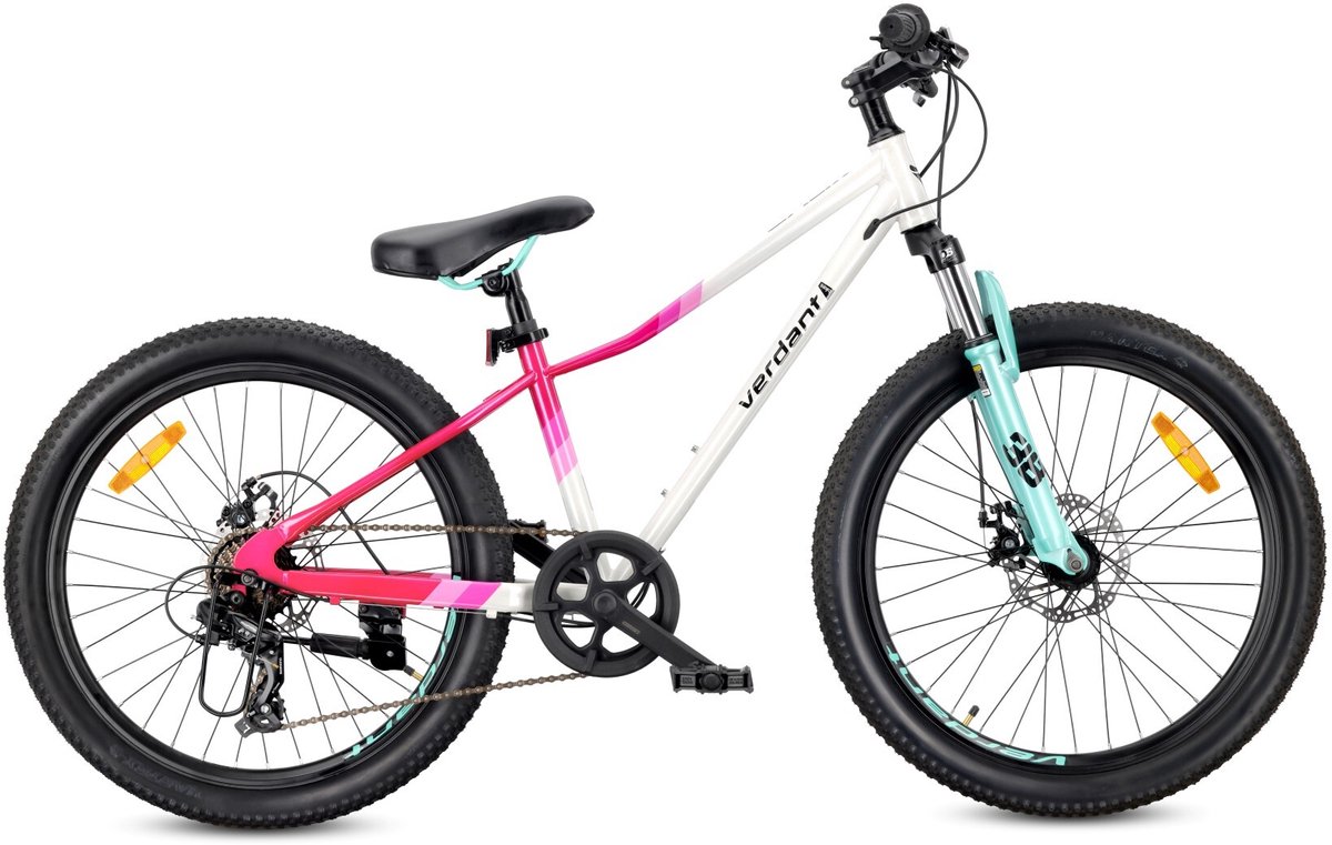 Verdant Kinderfiets voor jongens 24 inch, Fiets voor kinderen van 8 jaar met stalen frame, schijfremmen, 7 versnellingen, schokdemper vooraan (Wit Roze Mintgroen) Kinderfiets kopen online