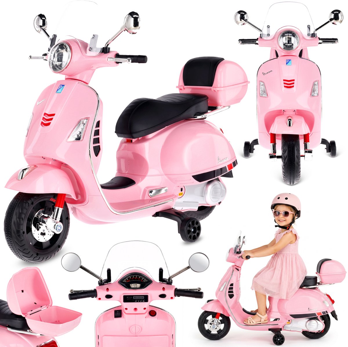 Vespa Elektrische motorfiets, kindermotorfiets met plastic wielen en stoel, kofferbak, MP3-speler, USD MicroSD AUX-aansluiting (Lichtroze) Speelgoedaccuvoertuig kopen online