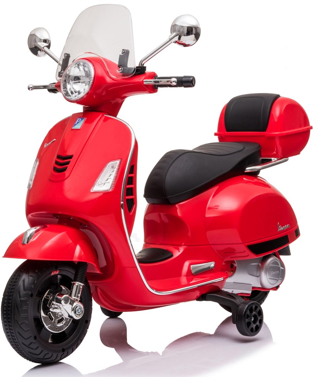 Vespa Elektrische motorfiets, kindermotorfiets met plastic wielen en stoel, kofferbak, MP3-speler, USD MicroSD AUX-aansluiting (Rood) Speelgoedaccuvoertuig kopen online