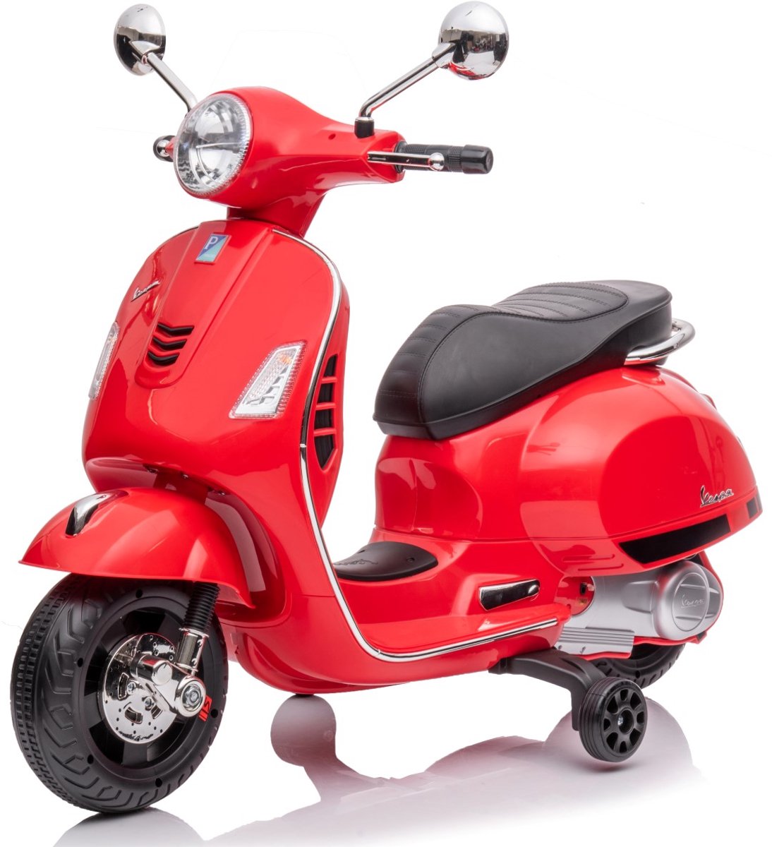 vespa elektrische motorfiets kindermotorfiets met plastic wielen en stoel mp3 speler usd microsd aux aansluiting rood zonder kistje