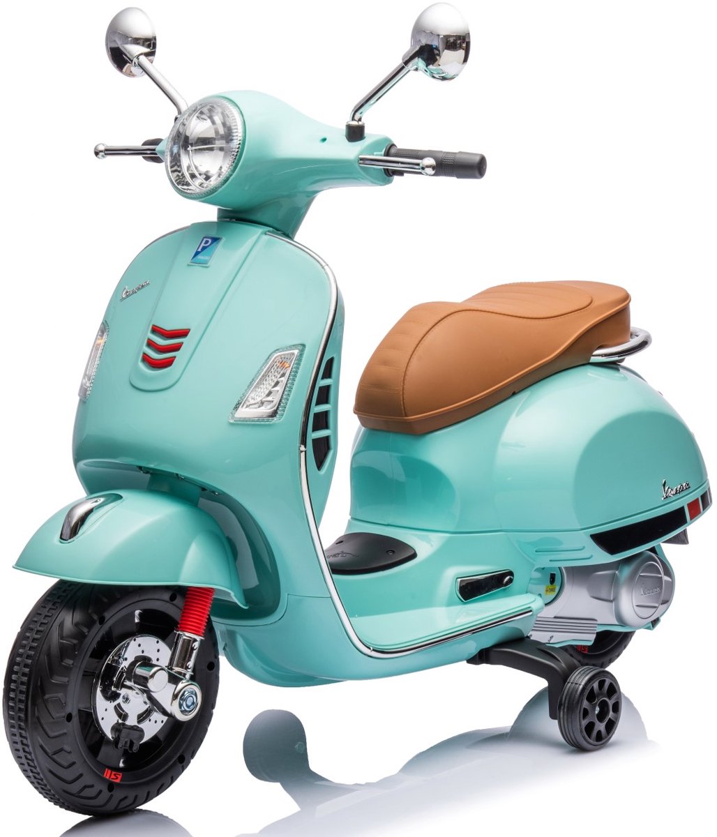 vespa elektrische motorfiets kindermotorfiets met plastic wielen en stoel mp3 speler usd microsd aux aansluiting turkoois zonder kistje