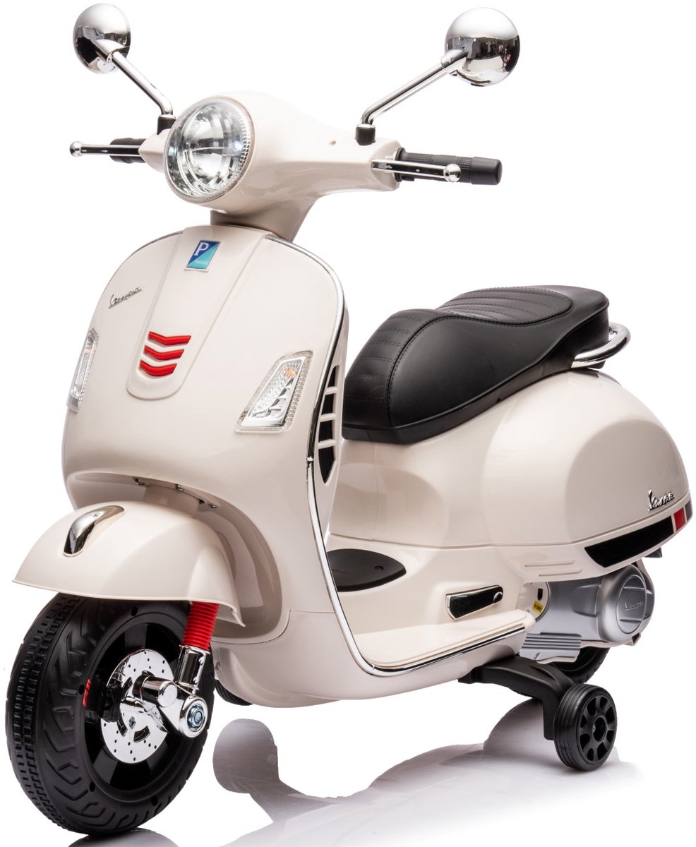 vespa elektrische motorfiets kindermotorfiets met plastic wielen en stoel mp3 speler usd microsd aux aansluiting wit zonder kistje