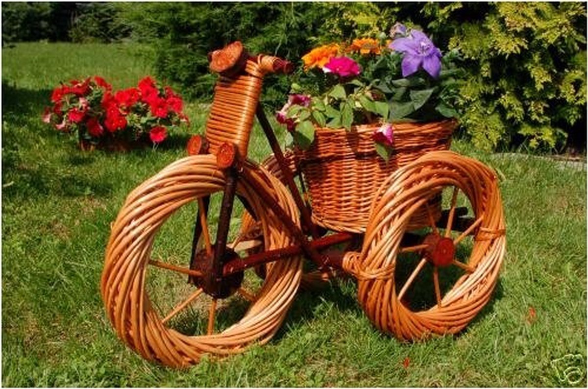 wicker tricycle with plant basket for garden and home decor