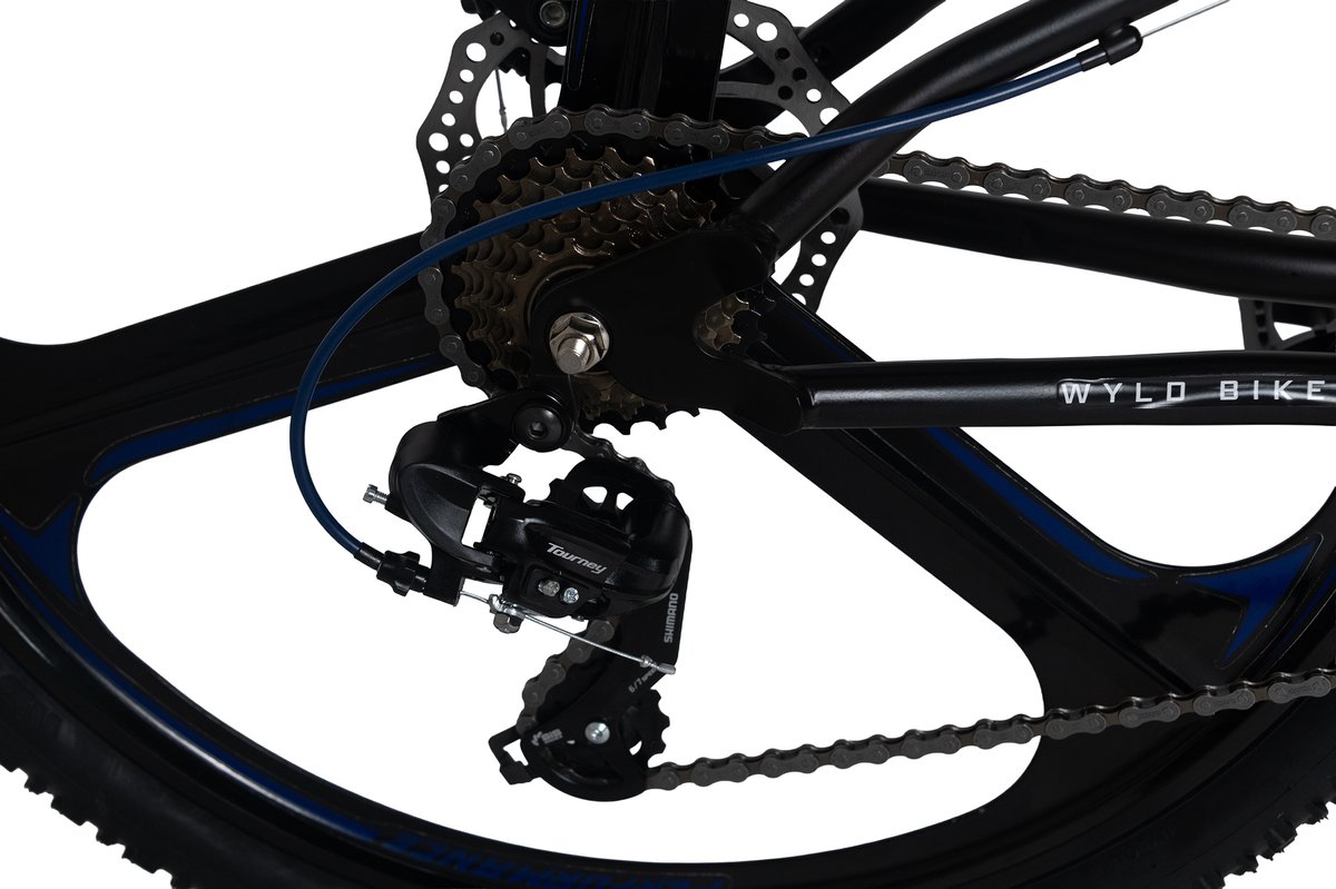 wyld fully mountainbike 26 bliss zwart blauw 21 versnellingen framemaat 47 cm magnesium wielen