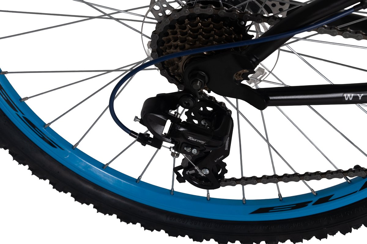 wyld fully mountainbike 26 bliss zwart blauw 21 versnellingen framemaat 47 cm