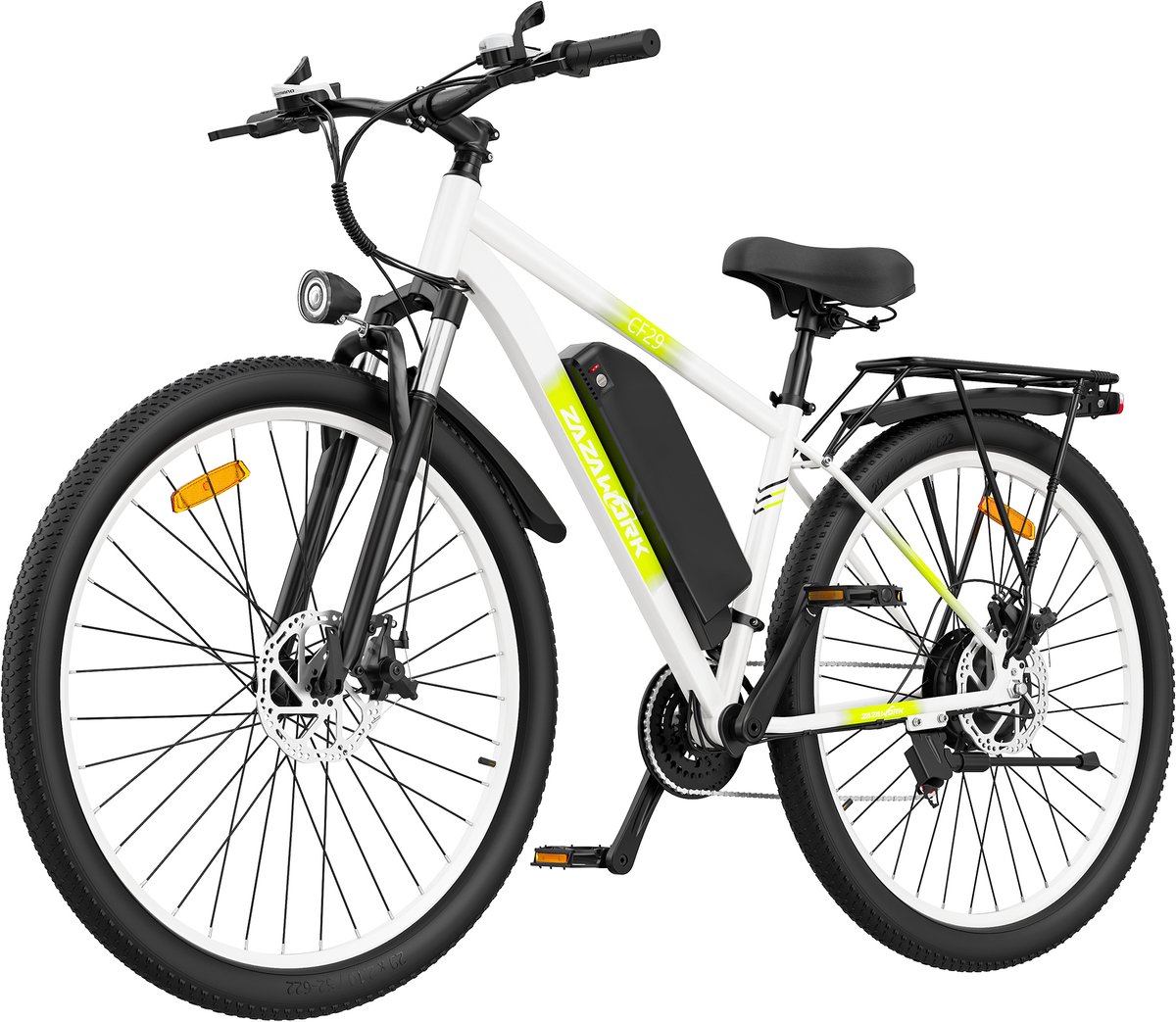zazawork cf29 29 elektrische fiets 250w 48v 15ah 21 versnellingen 80 100 km actieradius shimano led display stads mountainbike wit en groen