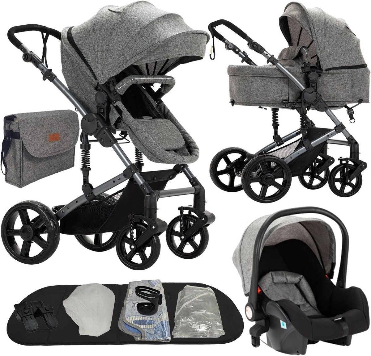 3-in-1 Kinderwagen - Babywagen Trio - Comfortabel Reizen - Dubbele Duwrichting - N.v.t. - Grijs Driewieler kopen online