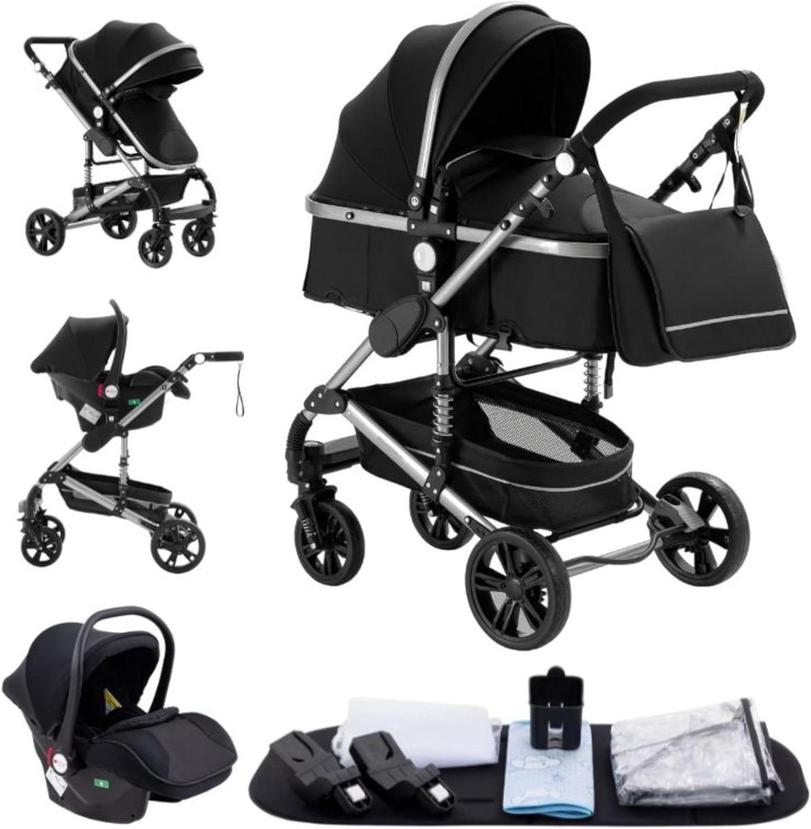 3-in-1 Kinderwagen - Combi Kinderwagen Driewieler - Baby Vervoer - Dubbele Schokdemping - 60 x 105 cm - Zwart Driewieler kopen online