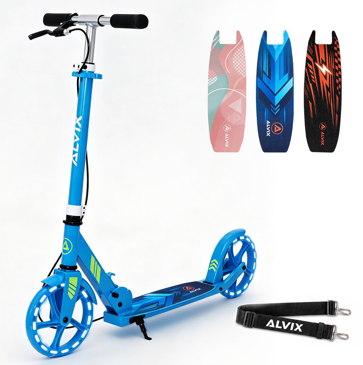 ALVIX Kinderstep blauw met handrem en LED-wielen, opvouwbare step voor kinderen vanaf 6 jaar, 200 mm wielen, verstelbaar stuur, draagriem, breed deck, tot 100 kg Step kopen online