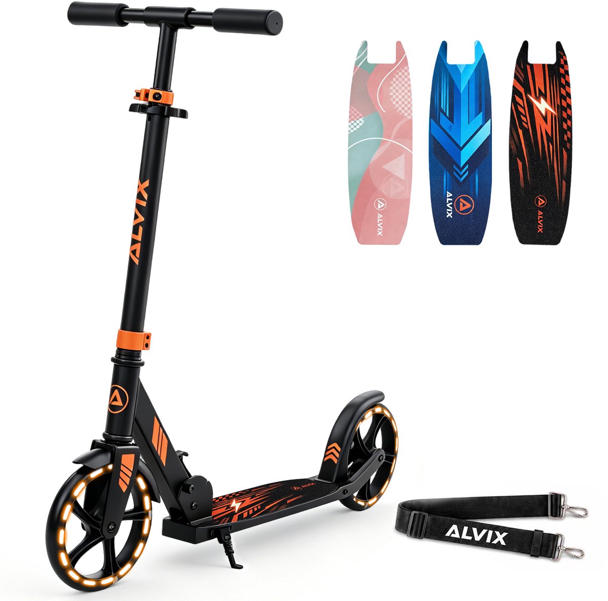 ALVIX Kinderstep zwart, opvouwbare step voor kinderen met 200 mm LED-wielen, draagriem, in hoogte verstelbaar stuur, breed deck, vanaf 6 jaar, tot 100 kg Step kopen online