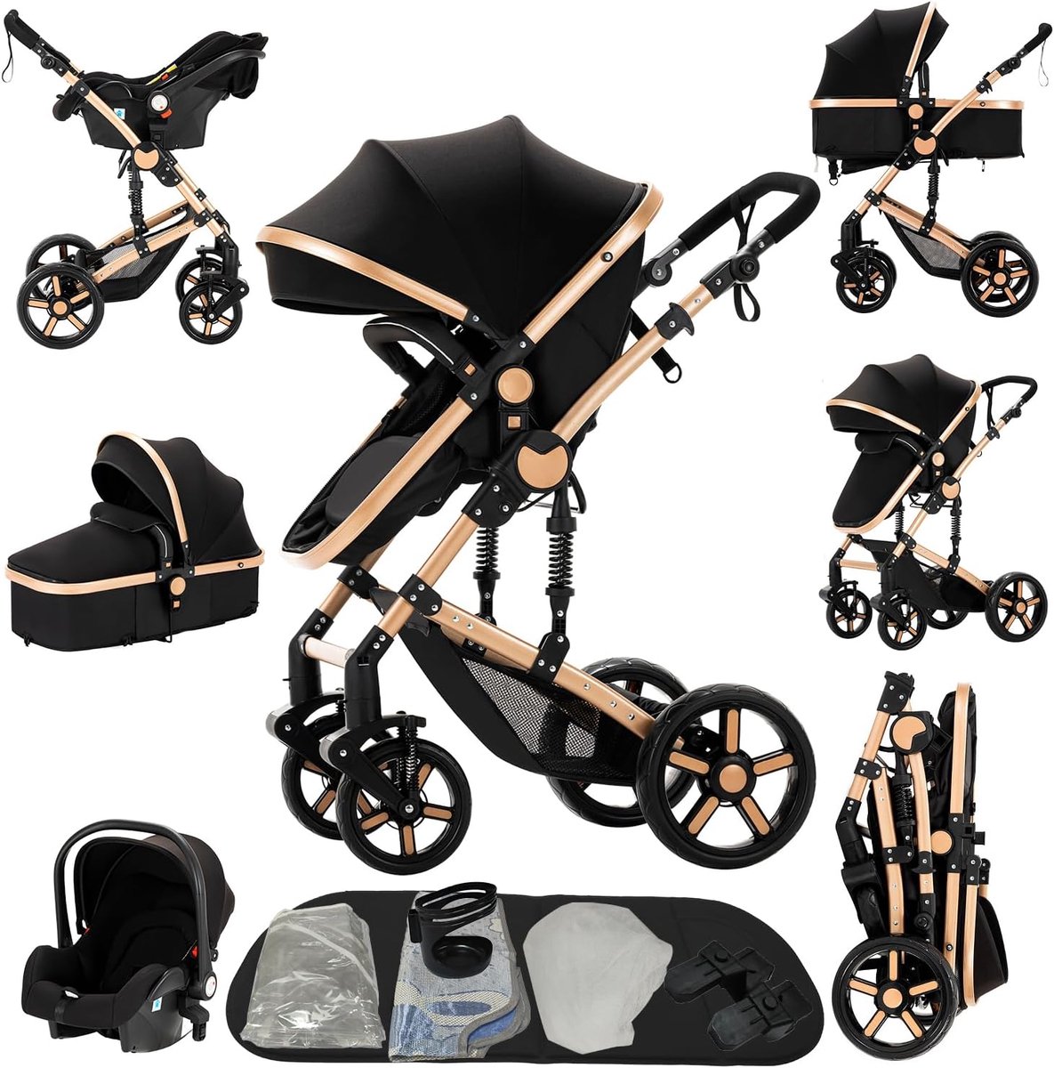 Babykinderwagen - Driewieler - Comfortabel Reizen - Omkeerbare Duwrichting - 83 x 62 x 106 cm - Zwart Goud Driewieler kopen online