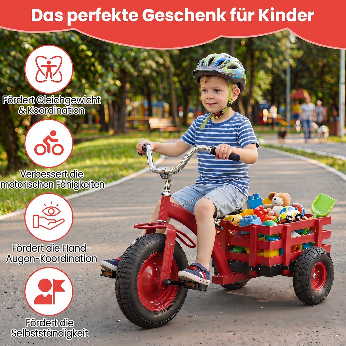 costway kinder driewieler loopfiets met aanhangwagen verstelbaar zadel stuur rood
