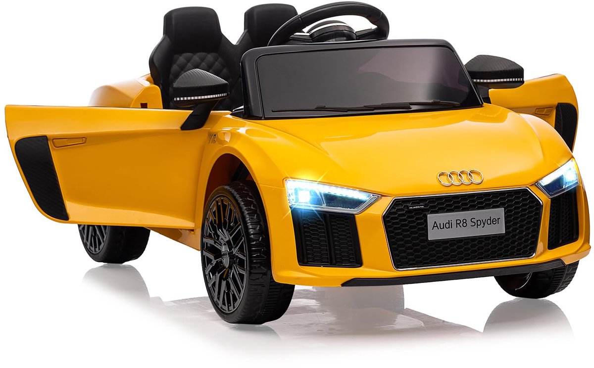 danky elektrische kinderauto audi r8 spyder 6v officieel gelicentieerd accuvoertuig met afstandsbediening 2wd dual motor 25w 2 kunststof metaal 2 accu s 4 5ah tot 5 km u geel